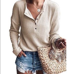 WNEEDU Women's Waffle Knit Tunic Tops Loose Long Sleeve Button Up  Henley Shirt